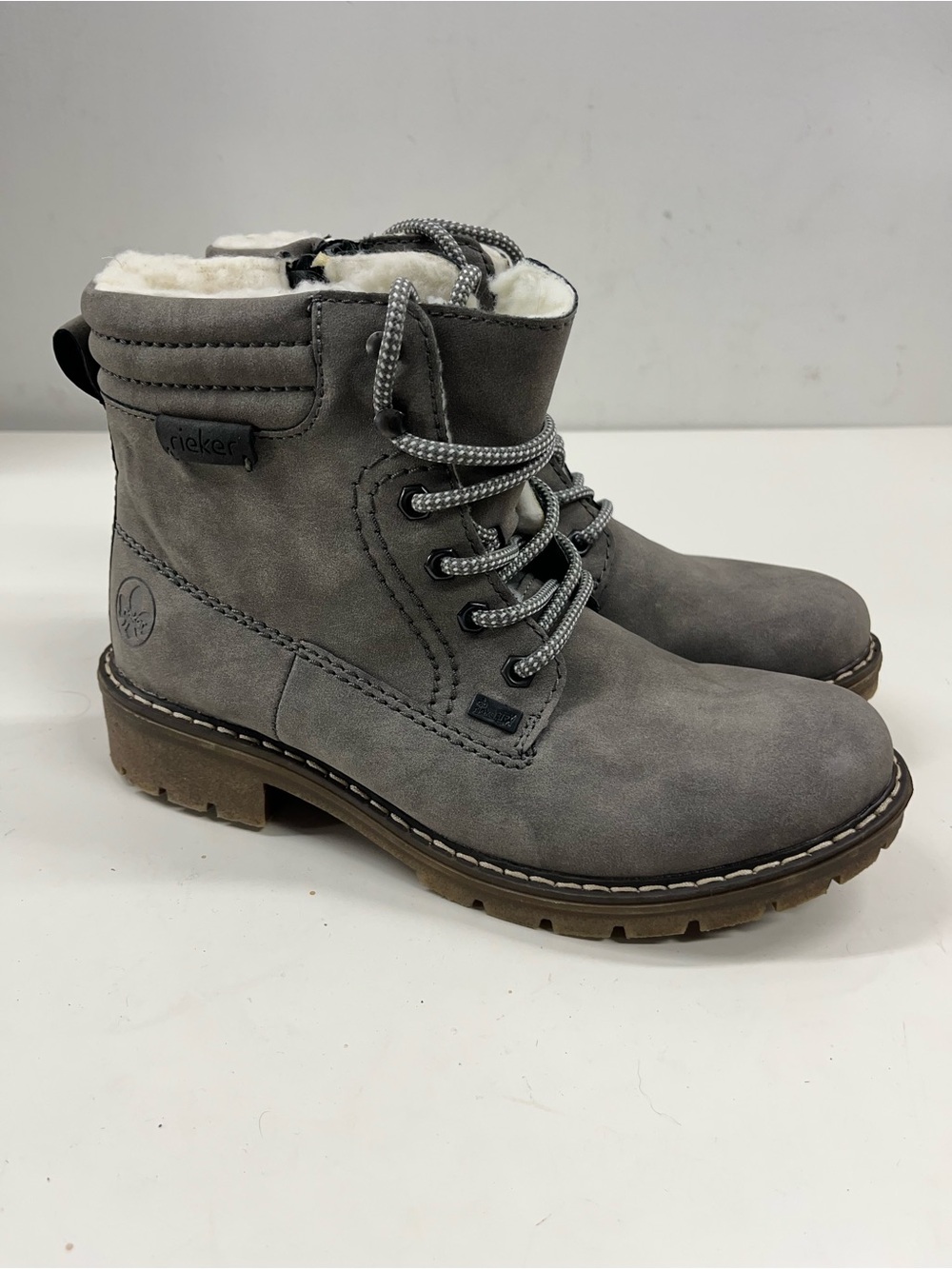 New Rieker Light Grey Lace-Up Shearling Ankle Booties Women's Size EU 38 US 7